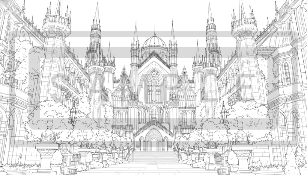 魔術学院・城館の背景線画素材ver3