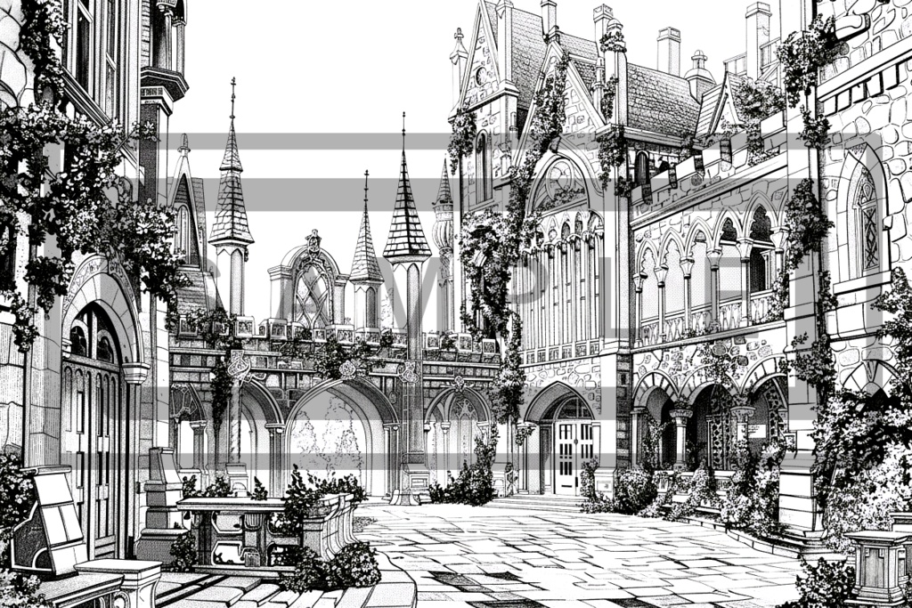 魔術学院・城館の背景線画素材ver4