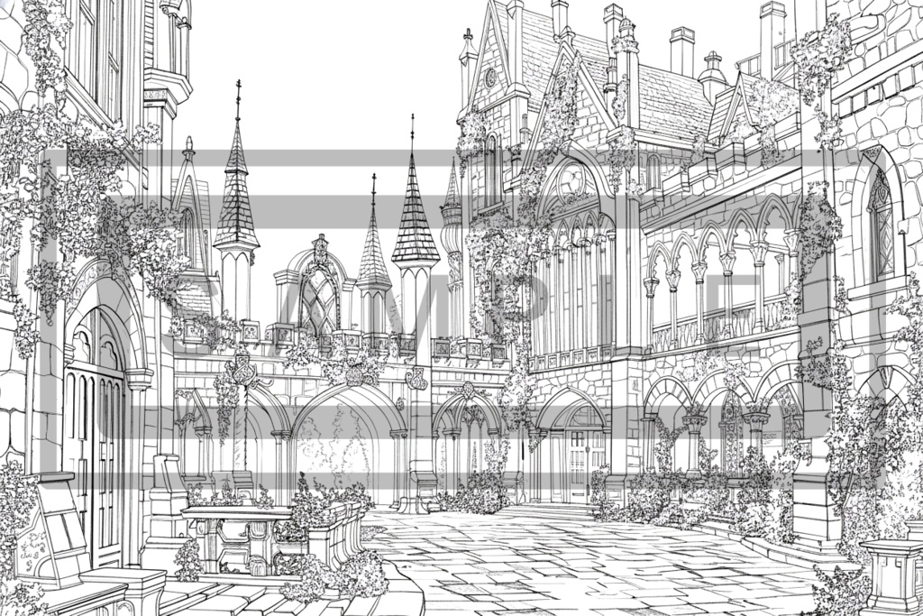 魔術学院・城館の背景線画素材ver4