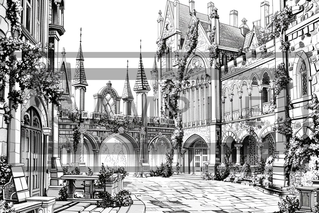 魔術学院・城館の背景線画素材ver4