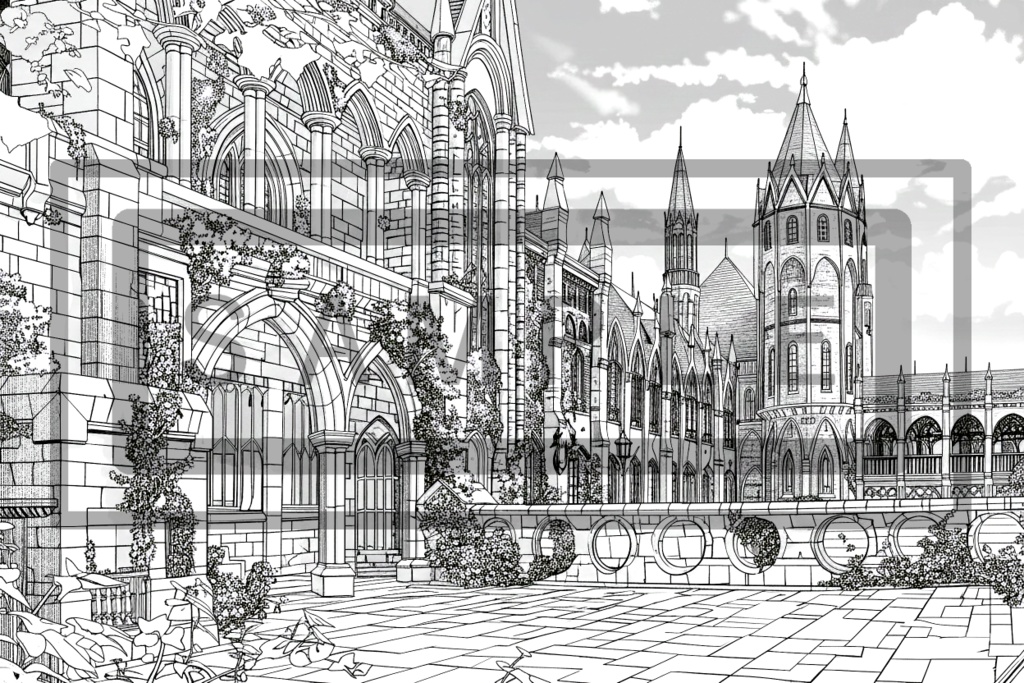 魔術学院・城館の背景線画素材ver5
