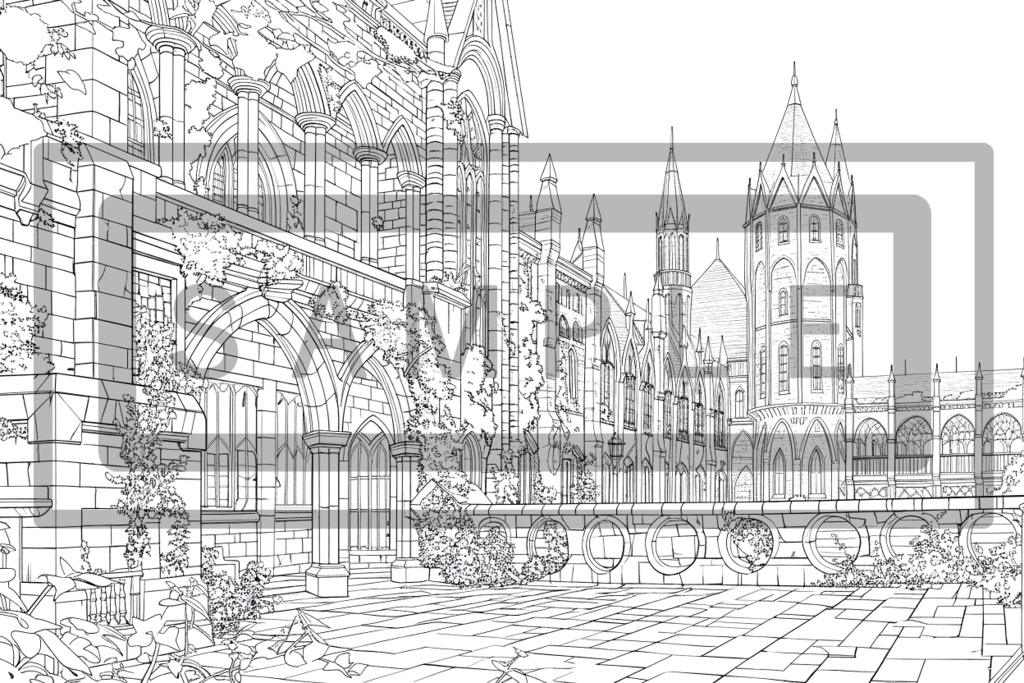 魔術学院・城館の背景線画素材ver5