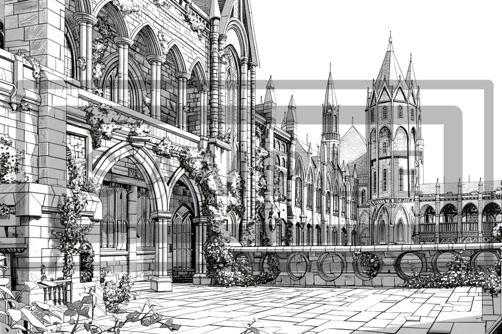 魔術学院・城館の背景線画素材ver5