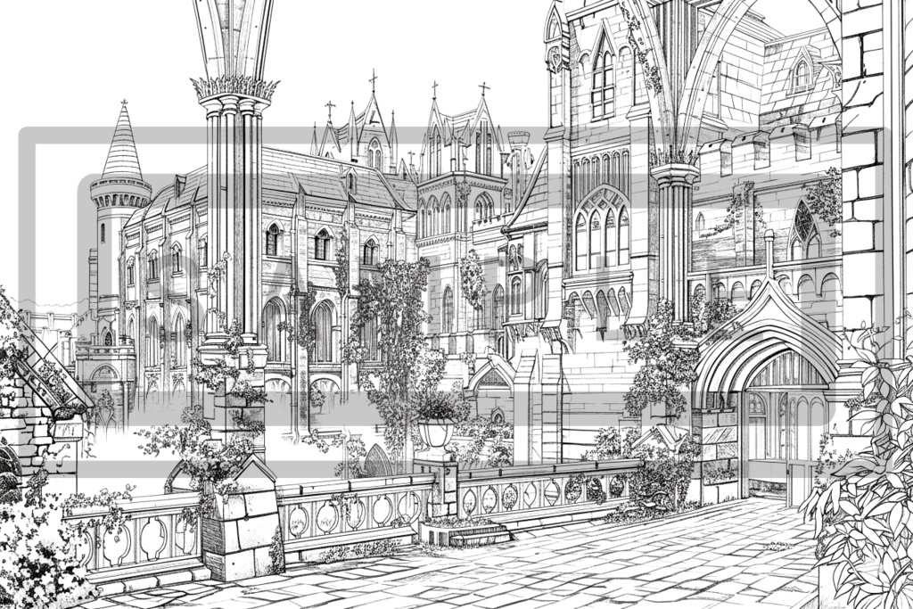 魔術学院・城館の背景線画素材ver6