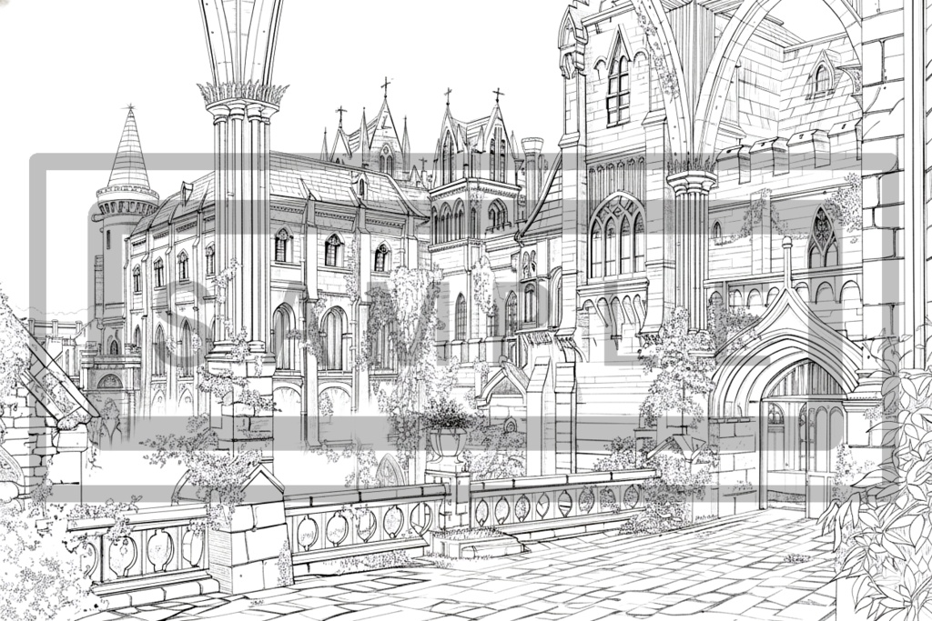 魔術学院・城館の背景線画素材ver6