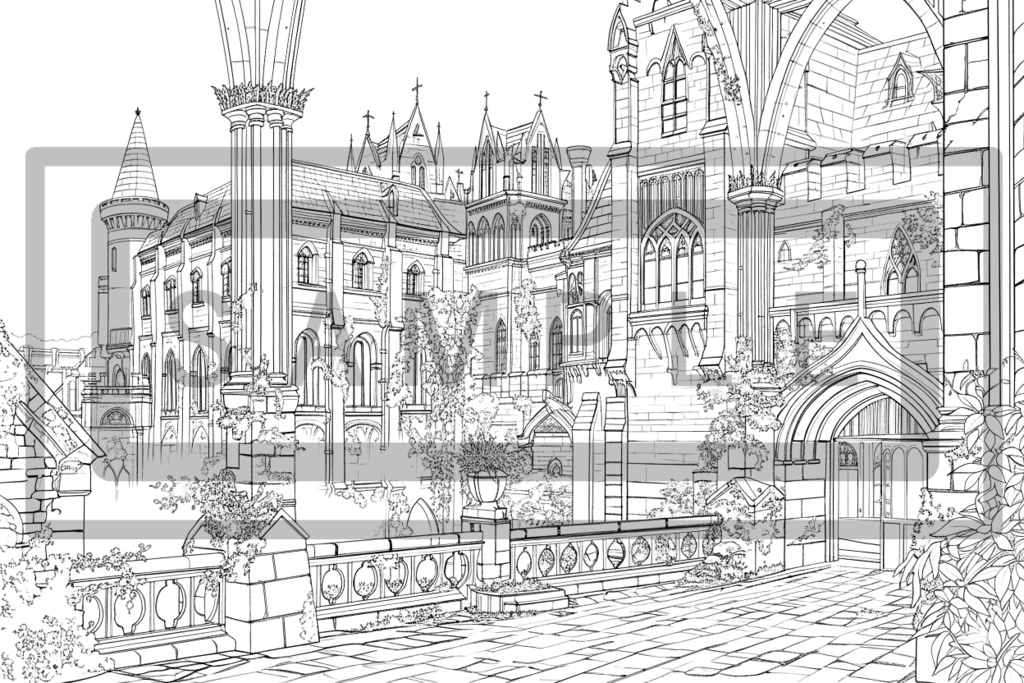 魔術学院・城館の背景線画素材ver6