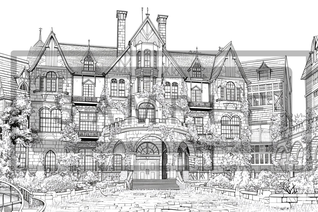 洋館・洋風建築の背景線画素材