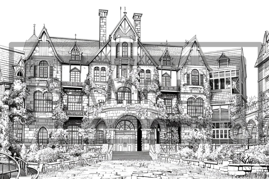 洋館・洋風建築の背景線画素材