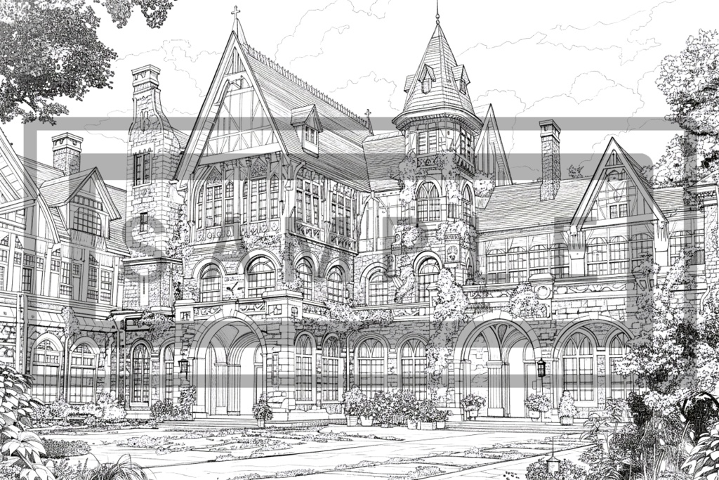 洋館・洋風建築の背景線画素材ver2