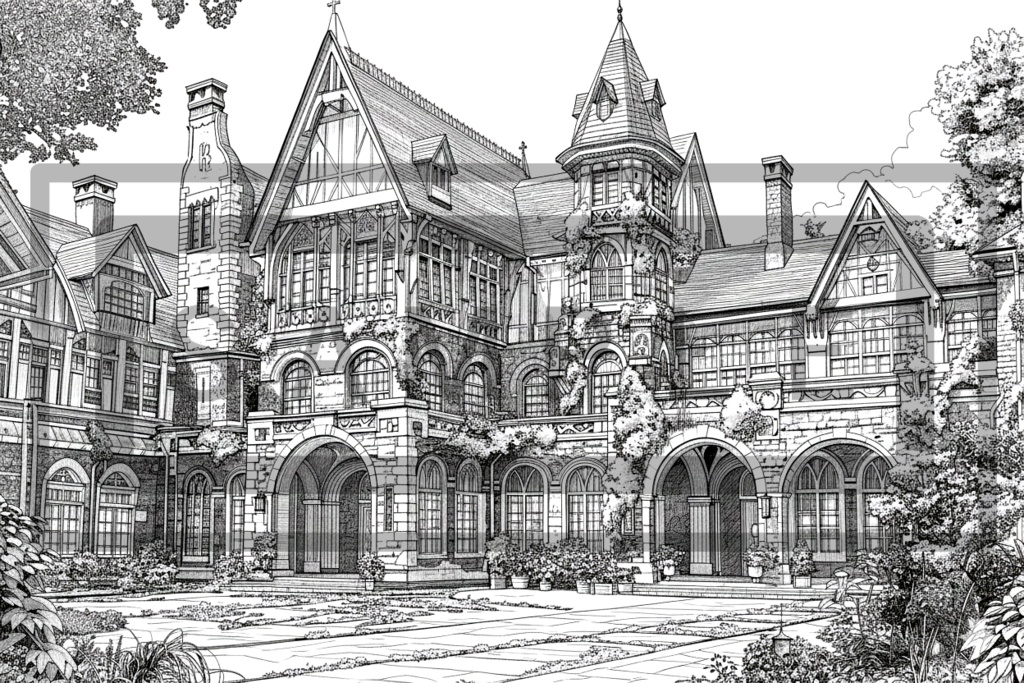 洋館・洋風建築の背景線画素材ver2