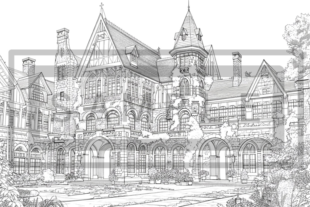 洋館・洋風建築の背景線画素材ver2