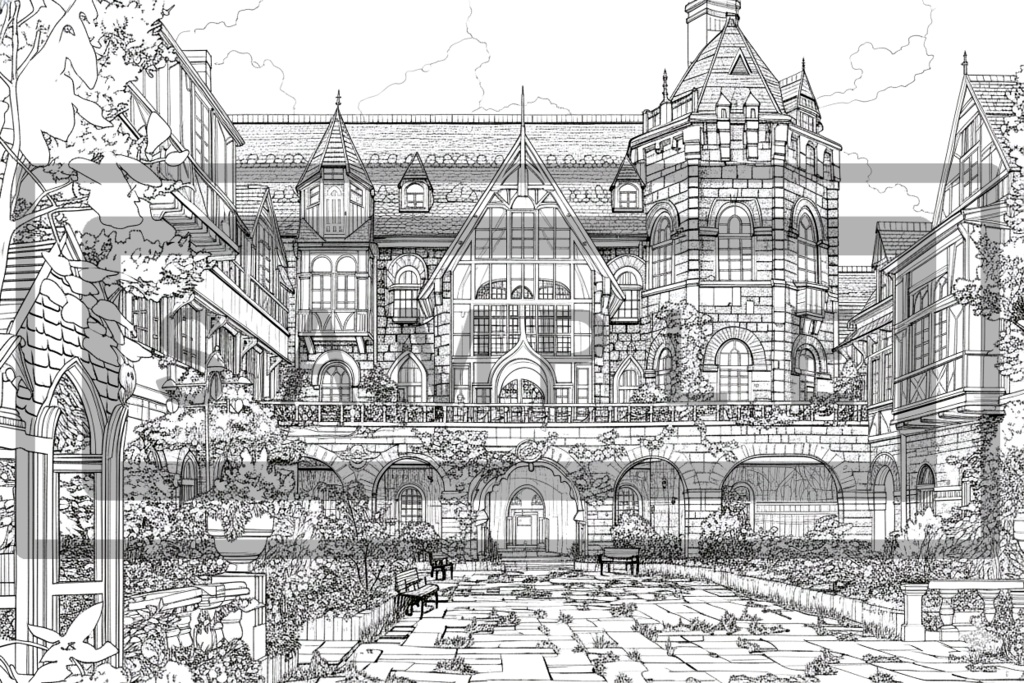 洋館・洋風建築の背景線画素材ver3