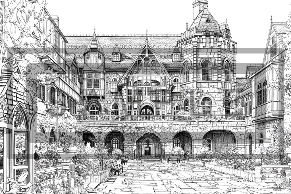 洋館・洋風建築の背景線画素材ver3