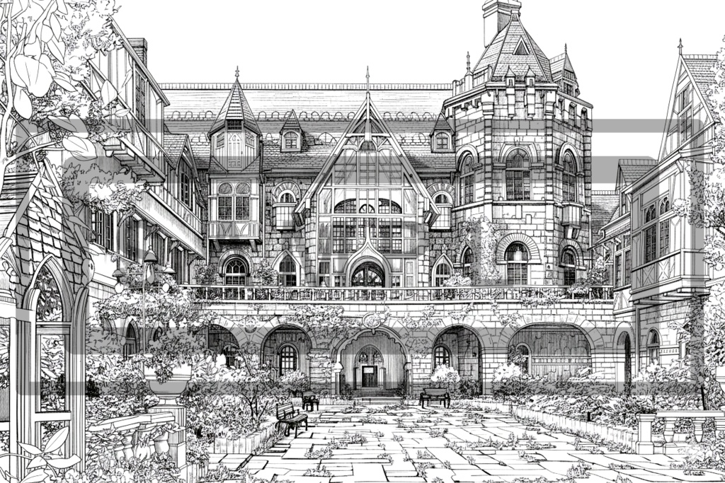 洋館・洋風建築の背景線画素材ver3