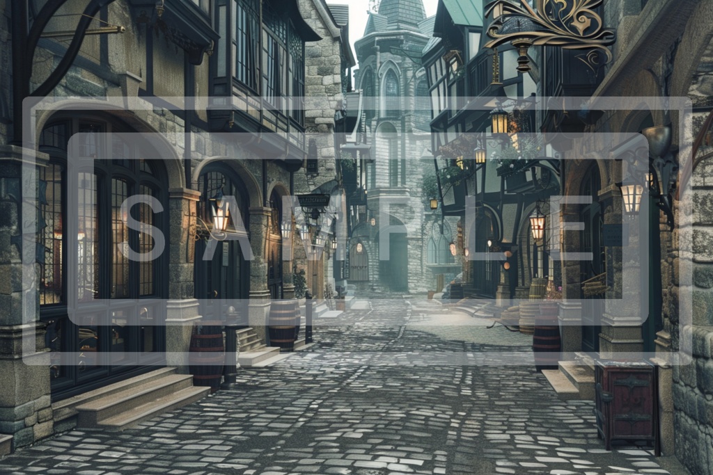 異世界街並み 背景線画(街道・中世風・漫画用)ver9