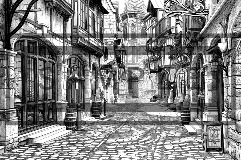 異世界街並み 背景線画(街道・中世風・漫画用)ver9