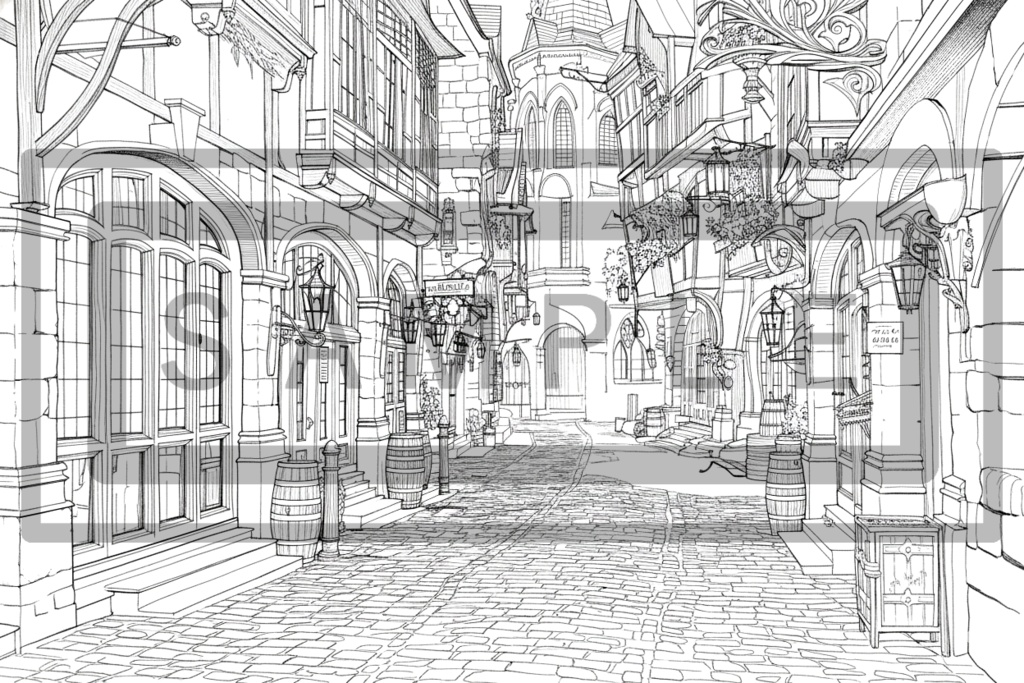 異世界街並み 背景線画(街道・中世風・漫画用)ver9