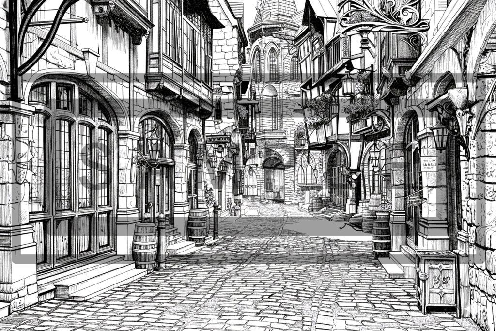 異世界街並み 背景線画(街道・中世風・漫画用)ver9
