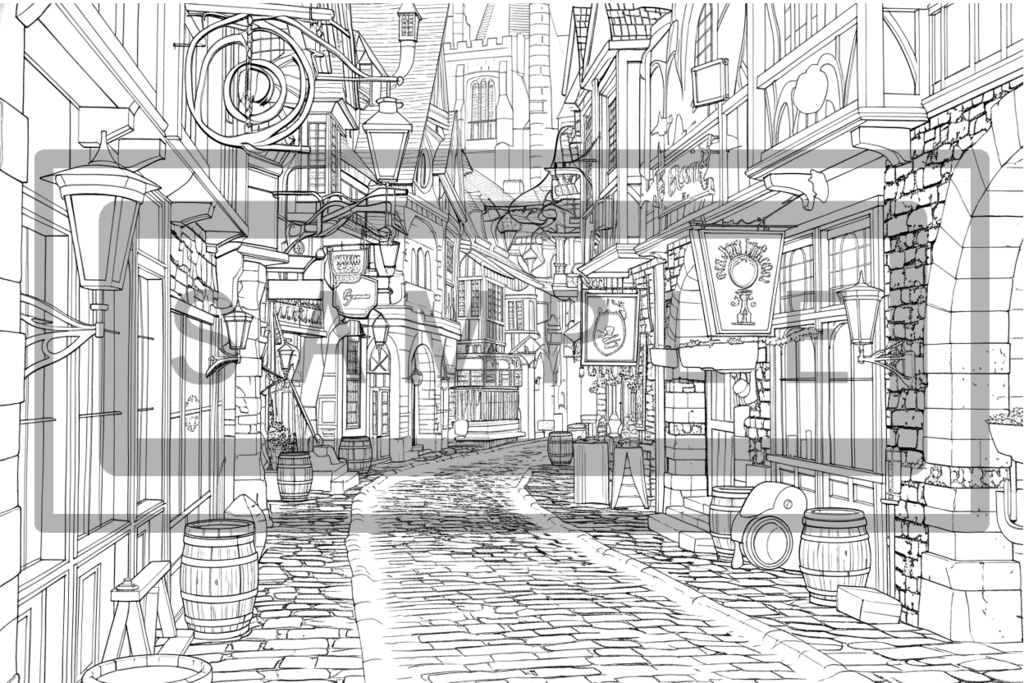 異世界街並み 背景線画(街道・中世風・漫画用)ver10