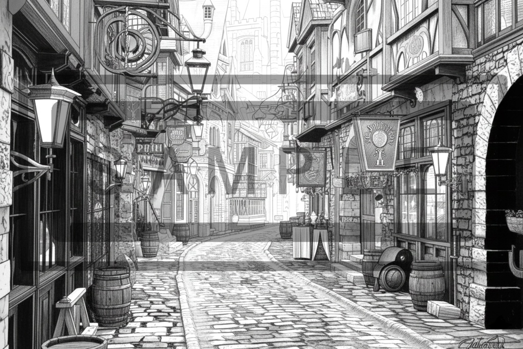 異世界街並み 背景線画(街道・中世風・漫画用)ver10