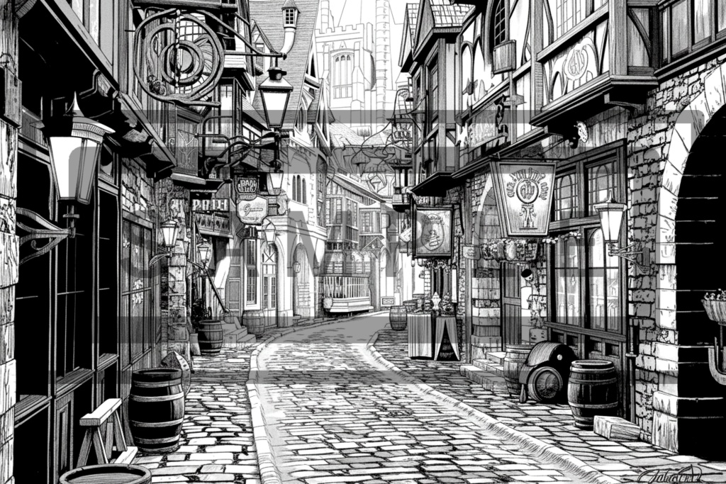 異世界街並み 背景線画(街道・中世風・漫画用)ver10