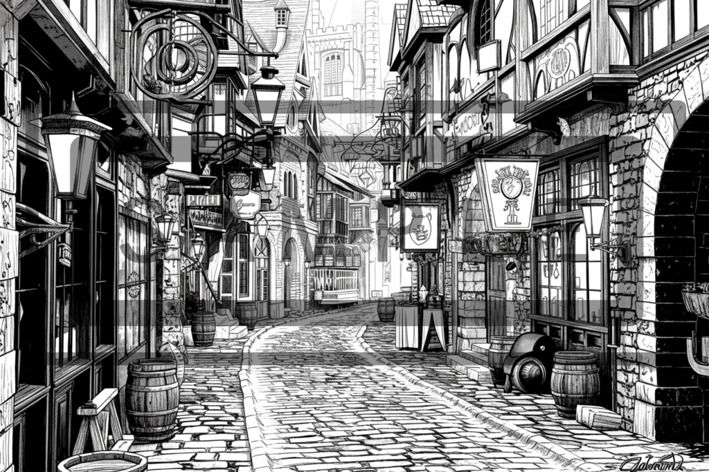 異世界街並み 背景線画(街道・中世風・漫画用)ver10