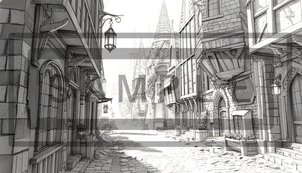 異世界街並み 背景線画(街道・中世風・漫画用)ver11