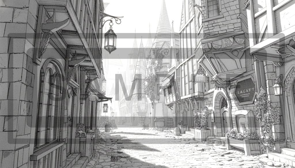 異世界街並み 背景線画(街道・中世風・漫画用)ver11