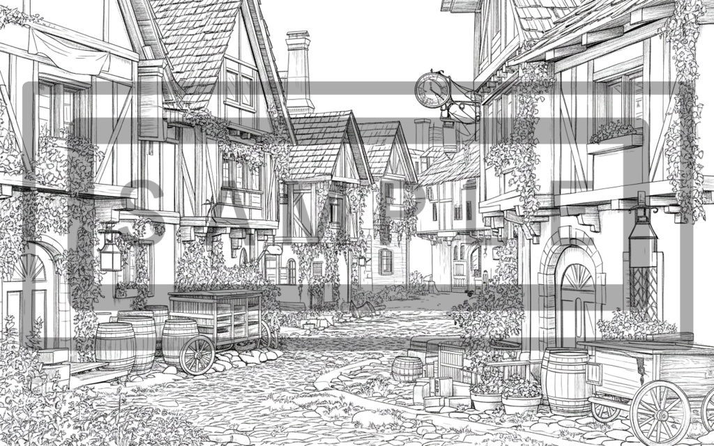 異世界の村 背景線画(街道・中世風・漫画用)