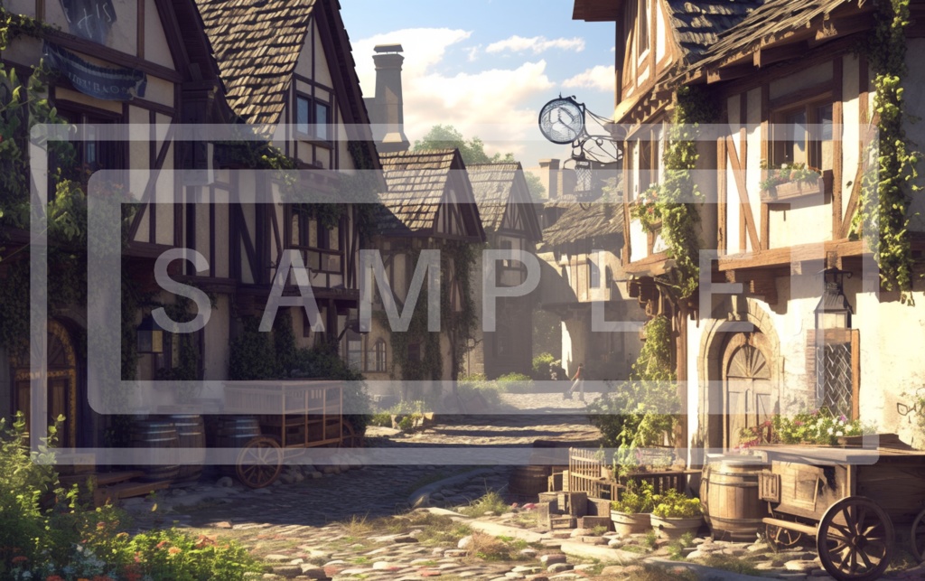 異世界の村 背景線画(街道・中世風・漫画用)