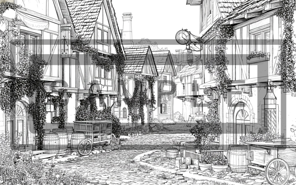 異世界の村 背景線画(街道・中世風・漫画用)