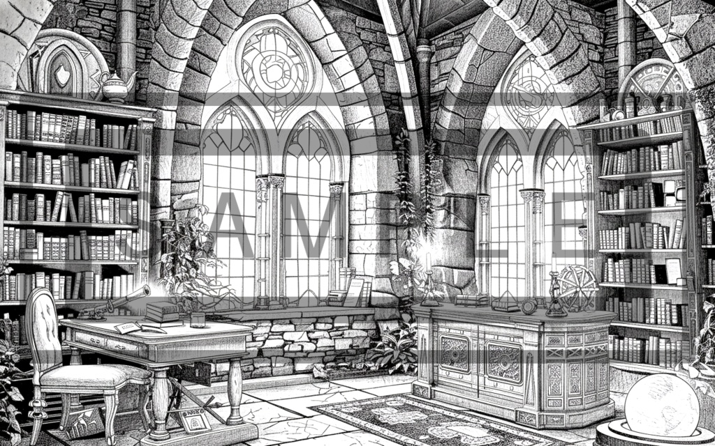 魔術学院の研究室(書斎)背景線画