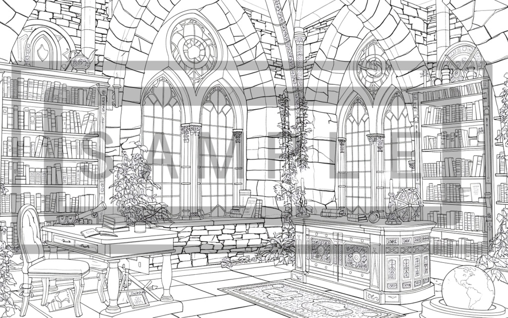 魔術学院の研究室(書斎)背景線画