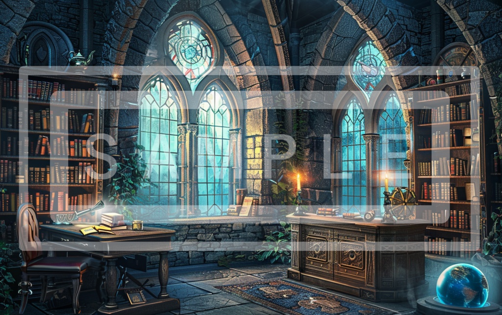 魔術学院の研究室(書斎)背景線画