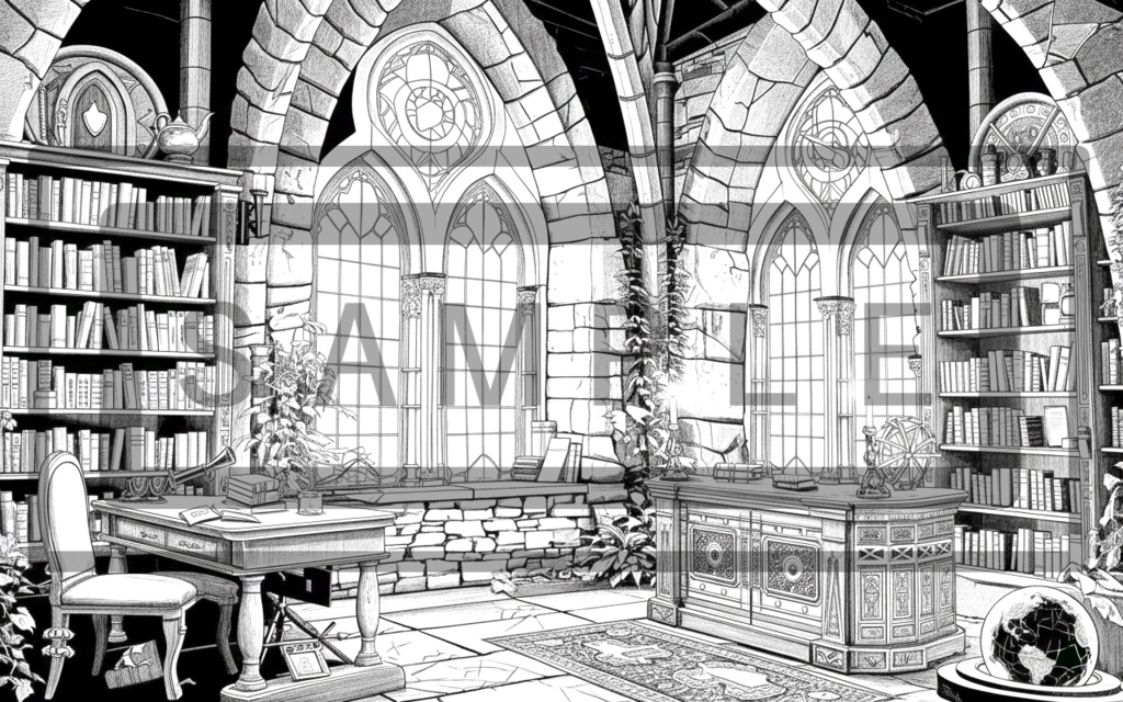 魔術学院の研究室(書斎)背景線画