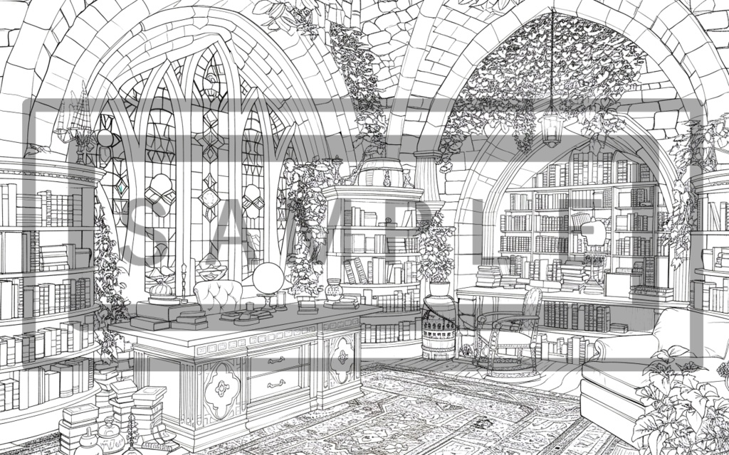 魔術学院の研究室(書斎)背景線画ver2