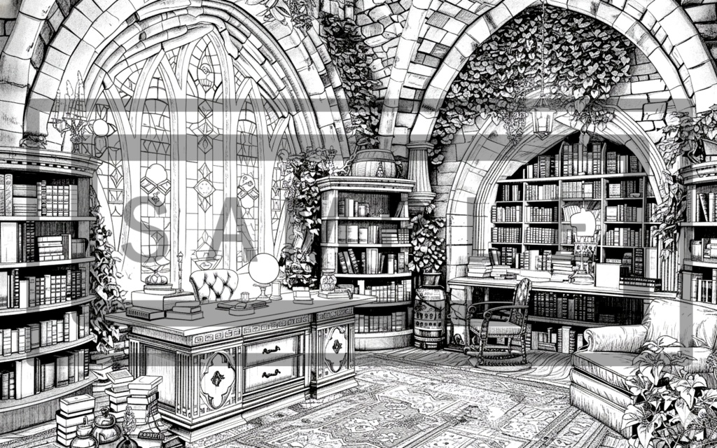 魔術学院の研究室(書斎)背景線画ver2