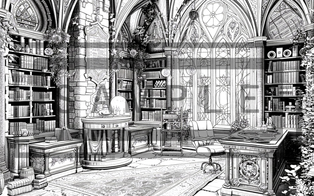 魔術学院の研究室(書斎)背景線画ver3