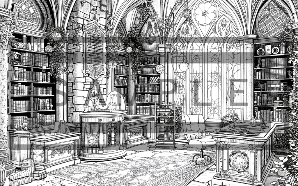魔術学院の研究室(書斎)背景線画ver3