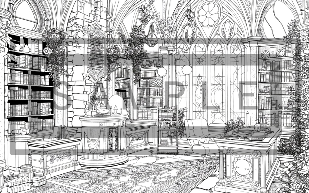 魔術学院の研究室(書斎)背景線画ver3