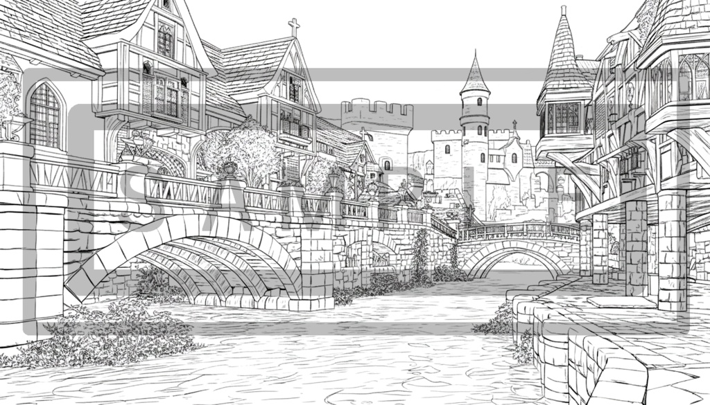 異世界街並み 背景線画(街道・中世風・漫画用)ver12