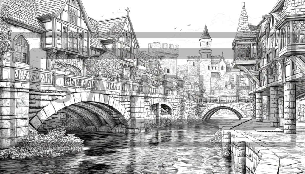 異世界街並み 背景線画(街道・中世風・漫画用)ver12