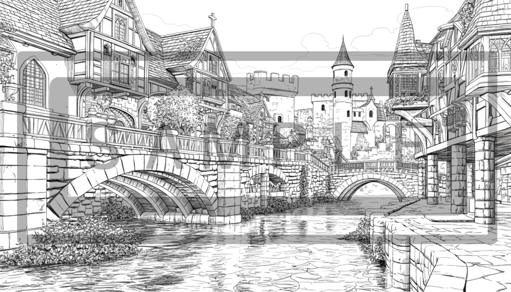 異世界街並み 背景線画(街道・中世風・漫画用)ver12