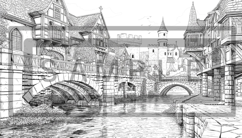 異世界街並み 背景線画(街道・中世風・漫画用)ver12