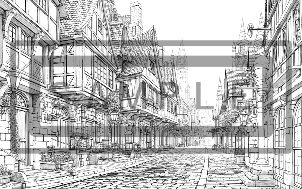 異世界街並み 背景線画(街道・中世風・漫画用)ver13