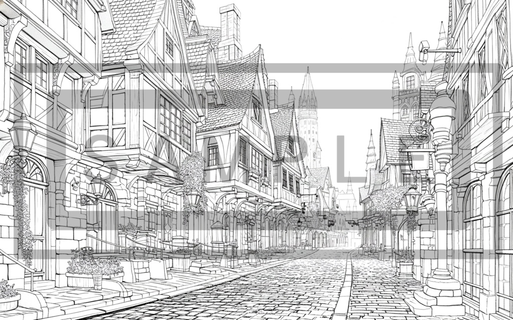 異世界街並み 背景線画(街道・中世風・漫画用)ver13