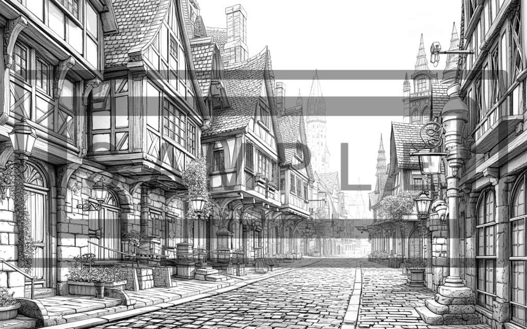 異世界街並み 背景線画(街道・中世風・漫画用)ver13