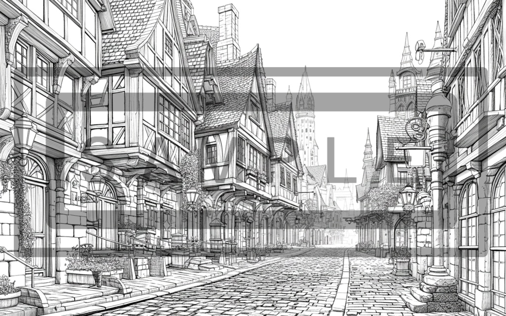 異世界街並み 背景線画(街道・中世風・漫画用)ver13