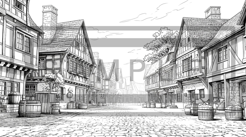 異世界の村 背景線画(中世風・漫画用)ver2