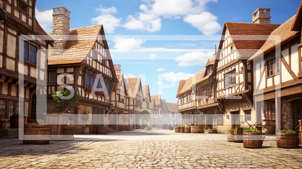 異世界の村 背景線画(中世風・漫画用)ver2